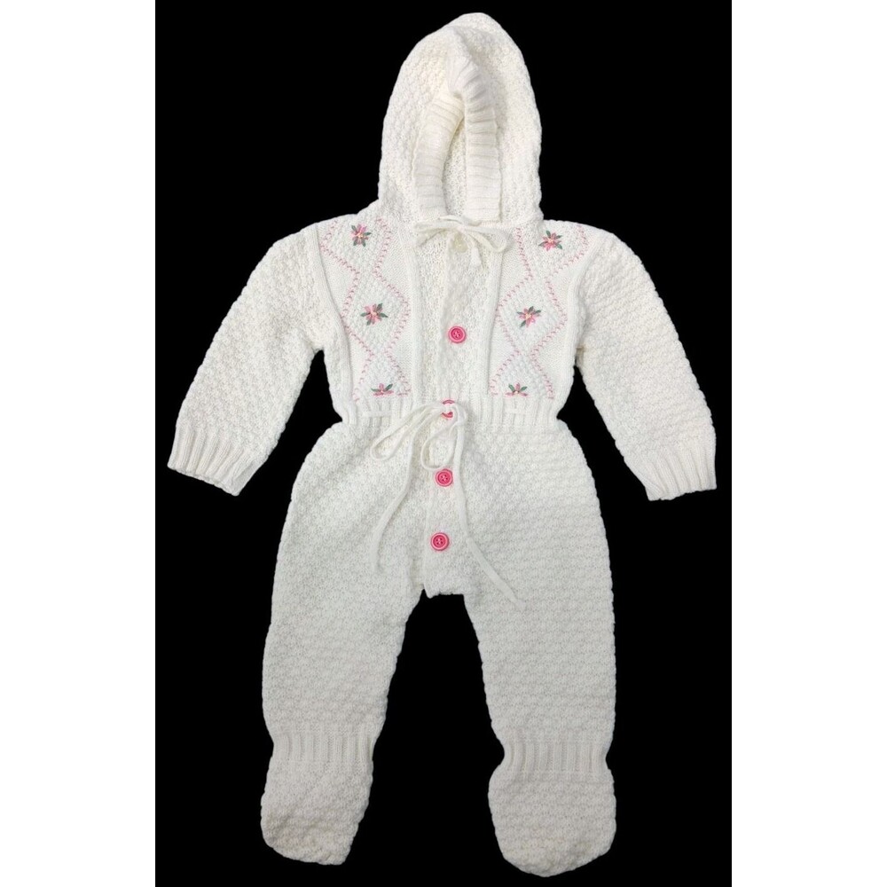 Vtg Spring Floral Embroidered Cable Knit Sweater Baby Jumpsuit 6-9 Mo Little Set